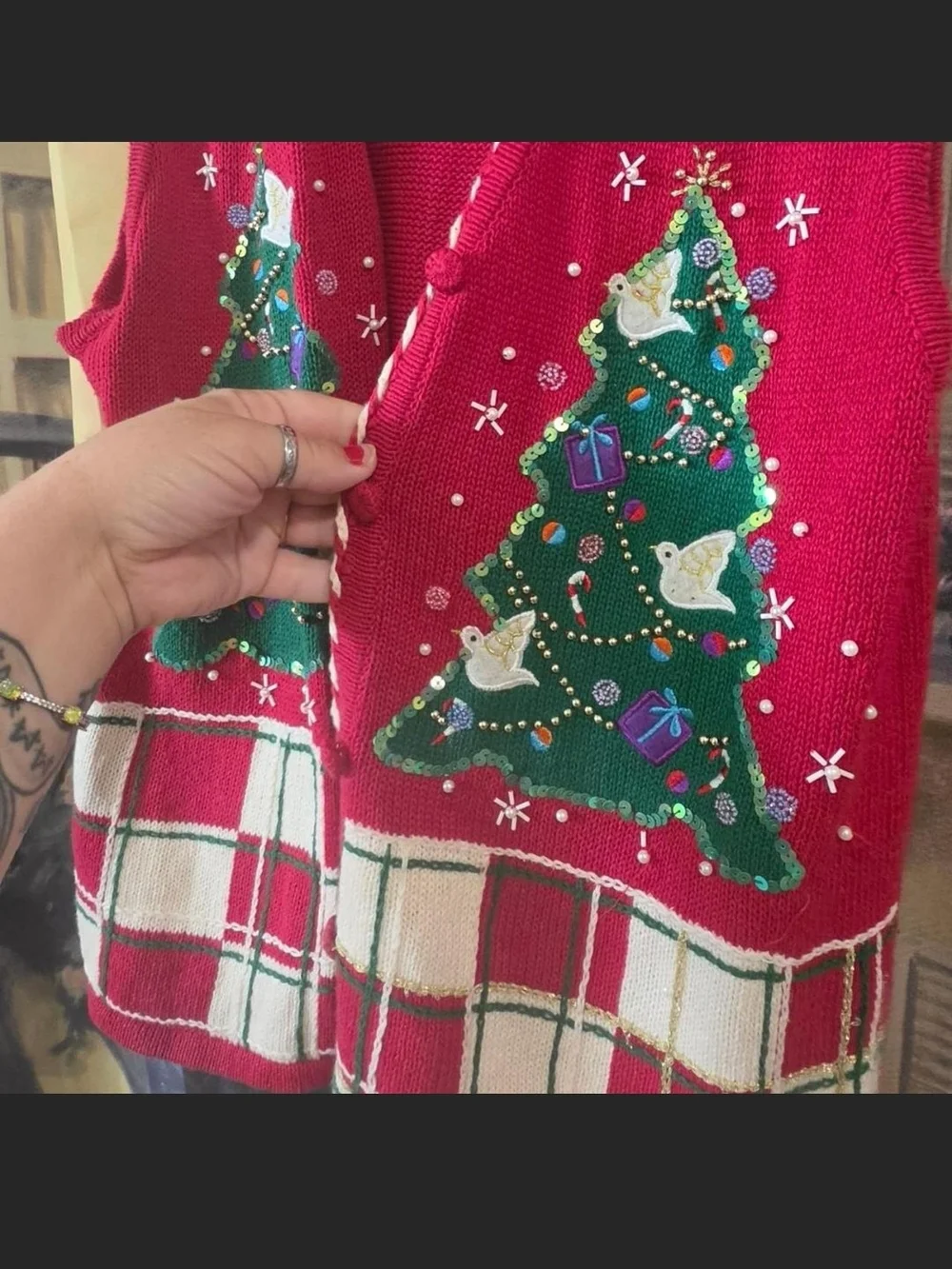 Bobbie Brooks Red Holiday Sweater Vest with Decorated Green Christmas Trees